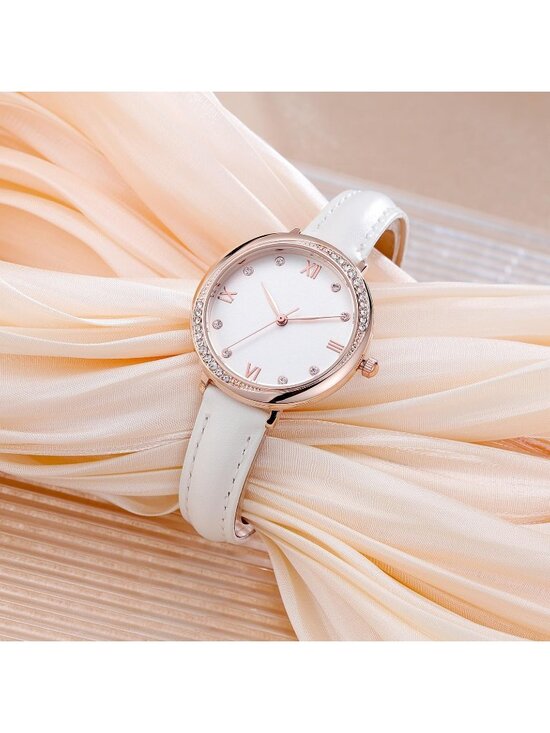 Women\'s White And Rose Gold Analog Leather Strap Crystal Accented Silicone Watch main image 6